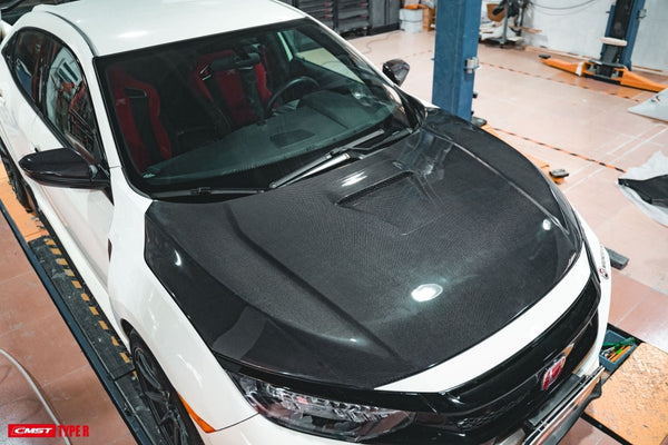 Honda Civic Type-R FK8 2017-2021 with Aftermarket Parts - Vented Style Hood Bonnet Carbon Fiber from CMST Tuning