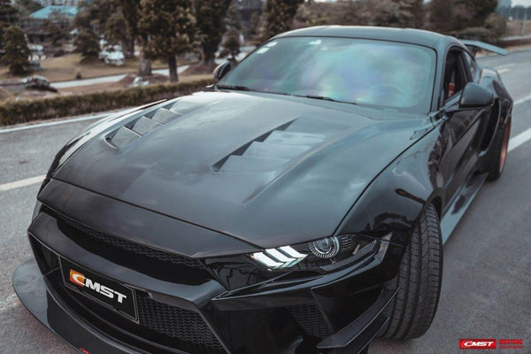Ford Mustang GT 5.0 Mach1 Bullitt Ecoboost 2.3 S550.2 2018-2023 with Aftermarket Parts - V1 Vented Style Hood Bonnet Carbon Fiber / FRP from CMST Tuning