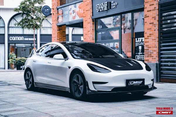 Tesla Model 3 Performance Long Range Standard Base 2017-2023 with Aftermarket Parts - V2 Style Hood Bonnet Carbon Fiber / FRP from CMST Tuning