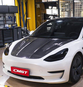 Tesla Model 3 Performance Long Range Standard Base 2017-2023 with Aftermarket Parts - V2 Style Hood Bonnet Carbon Fiber / FRP from CMST Tuning