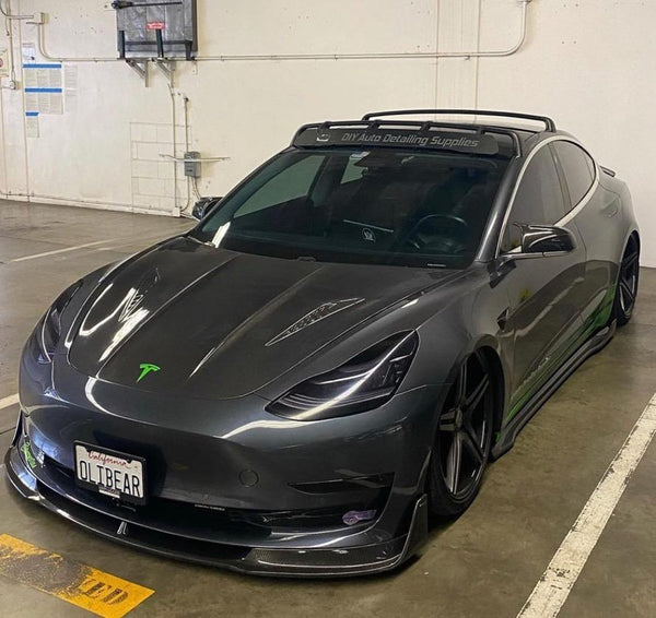 Tesla Model 3 Performance Long Range Standard Base 2017-2023 with Aftermarket Parts - V2 Style Hood Bonnet Carbon Fiber / FRP from CMST Tuning