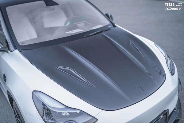 Tesla Model Y Performance AWD Long Range RWD Standard 2020-ON with Aftermarket Parts - V2 Style Hood Bonnet Carbon Fiber / FRP from CMST Tuning
