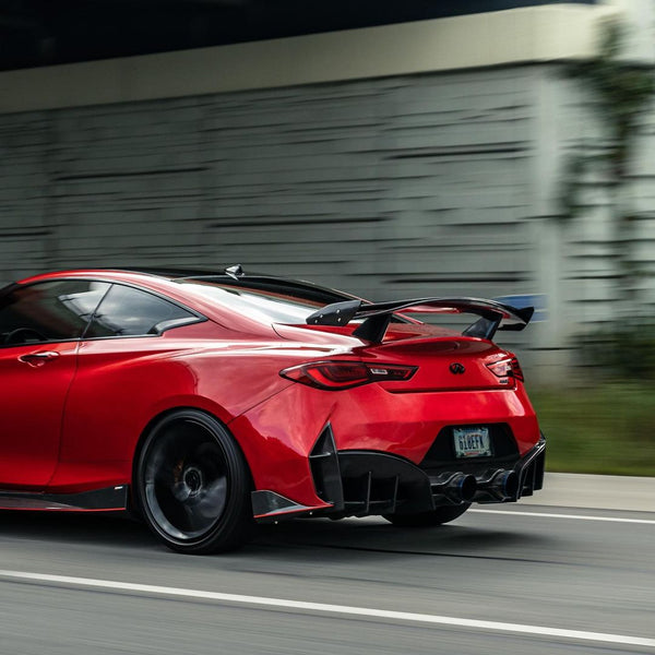 Infiniti Q60 Red Sport 400 Premium Luxe Sport Pure 2017-2022 with Aftermarket Parts - Project Black S Concept Style Rear Bumper & Diffuser Carbon Fiber / FRP from CMST Tuning