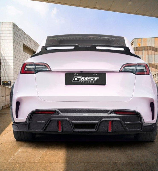 Tesla Model Y Performance AWD Long Range RWD Standard 2020-ON with Aftermarket Parts - V4 With Tow Hook Access Style Rear Diffuser Carbon Fiber / FRP from CMST Tuning