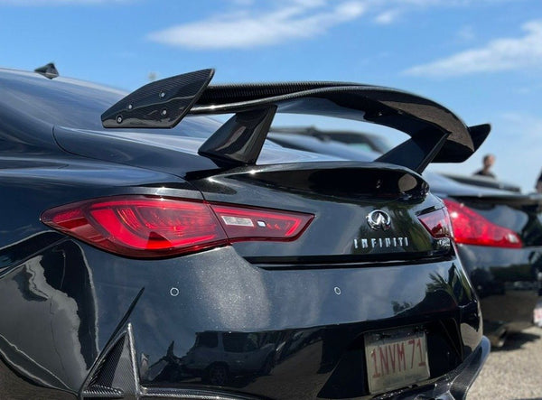 Infiniti Q60 Red Sport 400 Premium Luxe Sport Pure 2017-2022 with Aftermarket Parts - Project Black S Concept Style Rear Spoiler Wing Carbon Fiber/FRP from CMST Tuning
