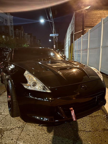 Nissan 370Z Nismo Sport Touring Base Fairlady Z Z34 2009-2020 with Aftermarket Parts - V1 Glass Clearview Style Hood Bonnet Carbon Fiber / FRP from CMST Tuning
