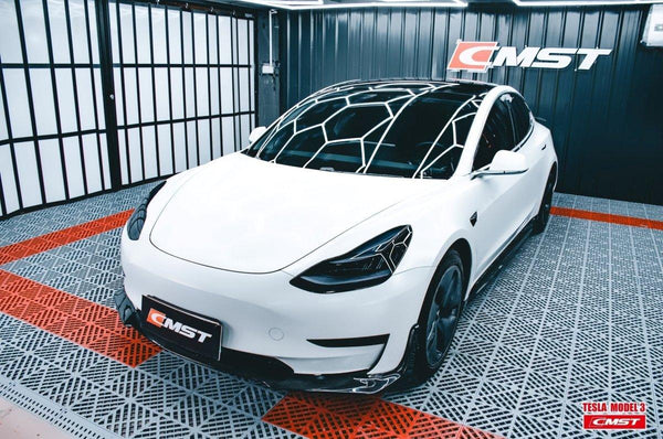 Tesla Model 3 Performance Long Range Standard Base 2017-2023 with Aftermarket Parts - V4 Style Front Lip Splitter Carbon Fiber / FRP from CMST Tuning