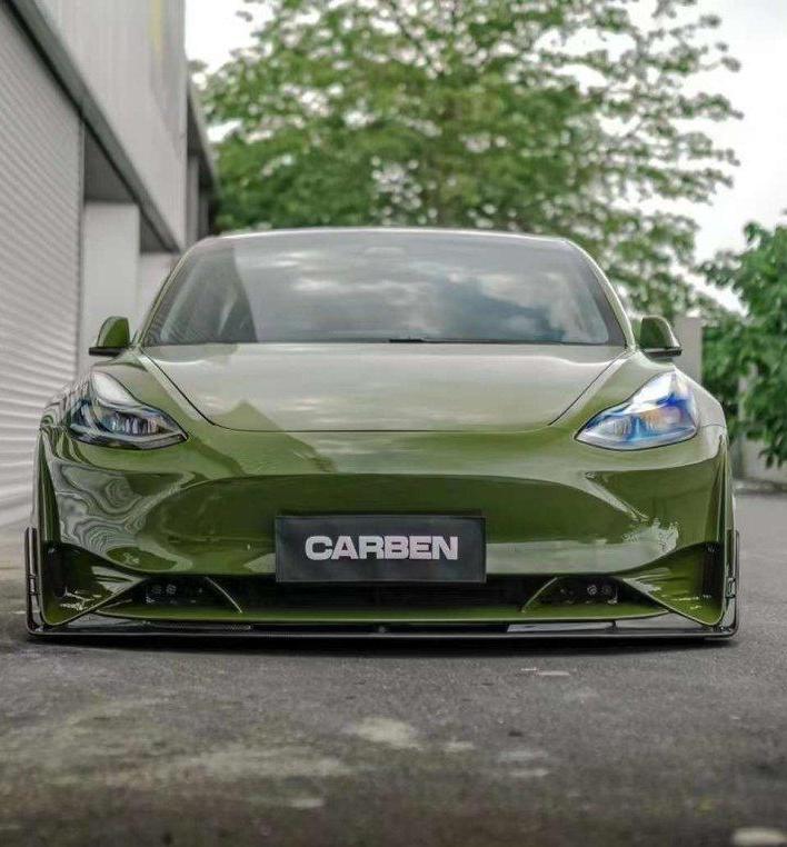 Tesla Model 3 Performance Long Range Standard Base 2017-2023 with Aftermarket Parts - V2 Style Front Bumper & Lip Splitter Carbon Fiber / FRP from CMST Tuning