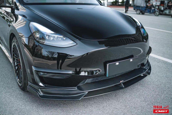 Tesla Model Y Performance AWD Long Range RWD Standard 2020-ON with Aftermarket Parts - V3 Style Front Lip Splitter Carbon Fiber / FRP from CMST Tuning